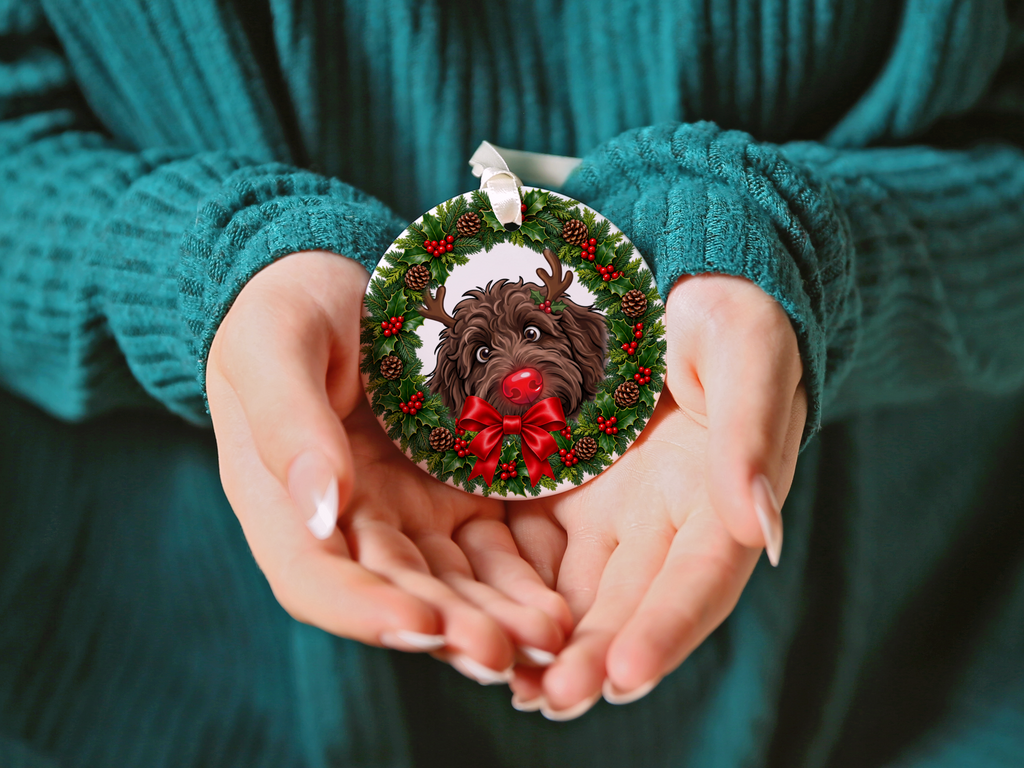 Peeking Rudolph Chocolate Goldendoodle Ornament