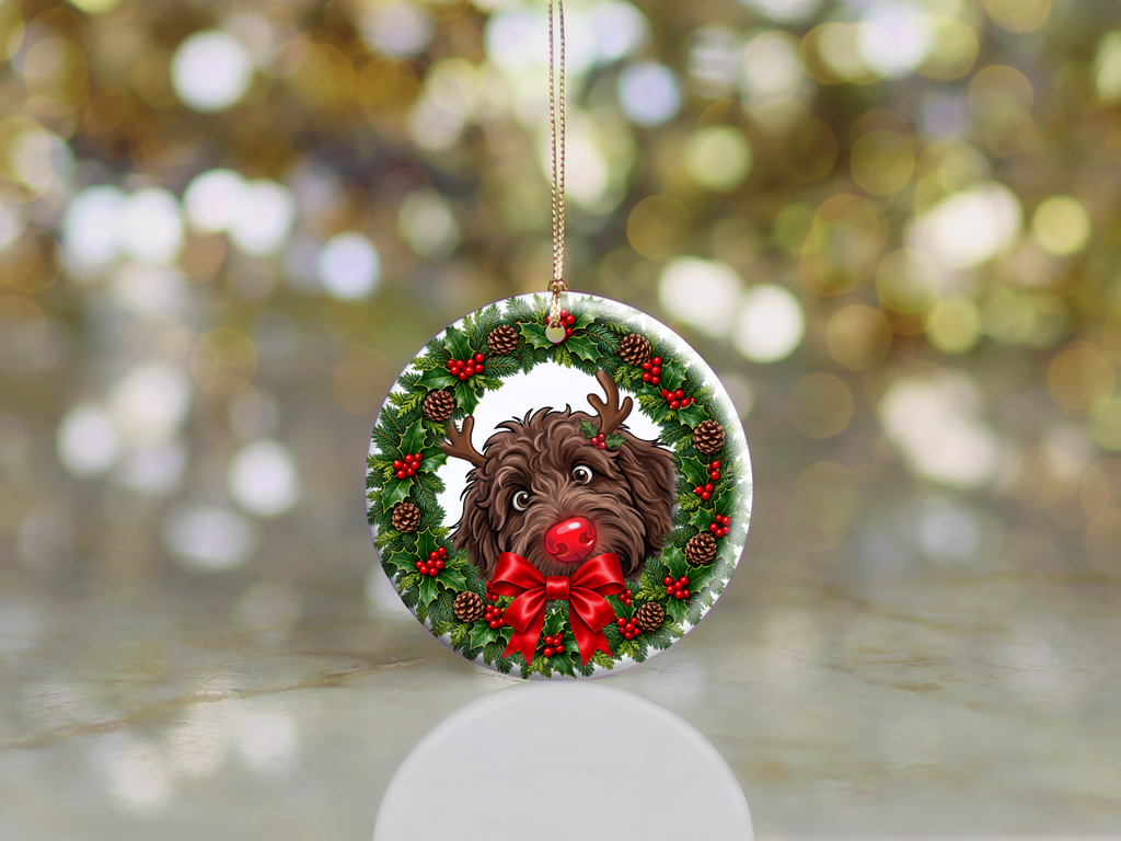 Peeking Rudolph Chocolate Goldendoodle Ornament