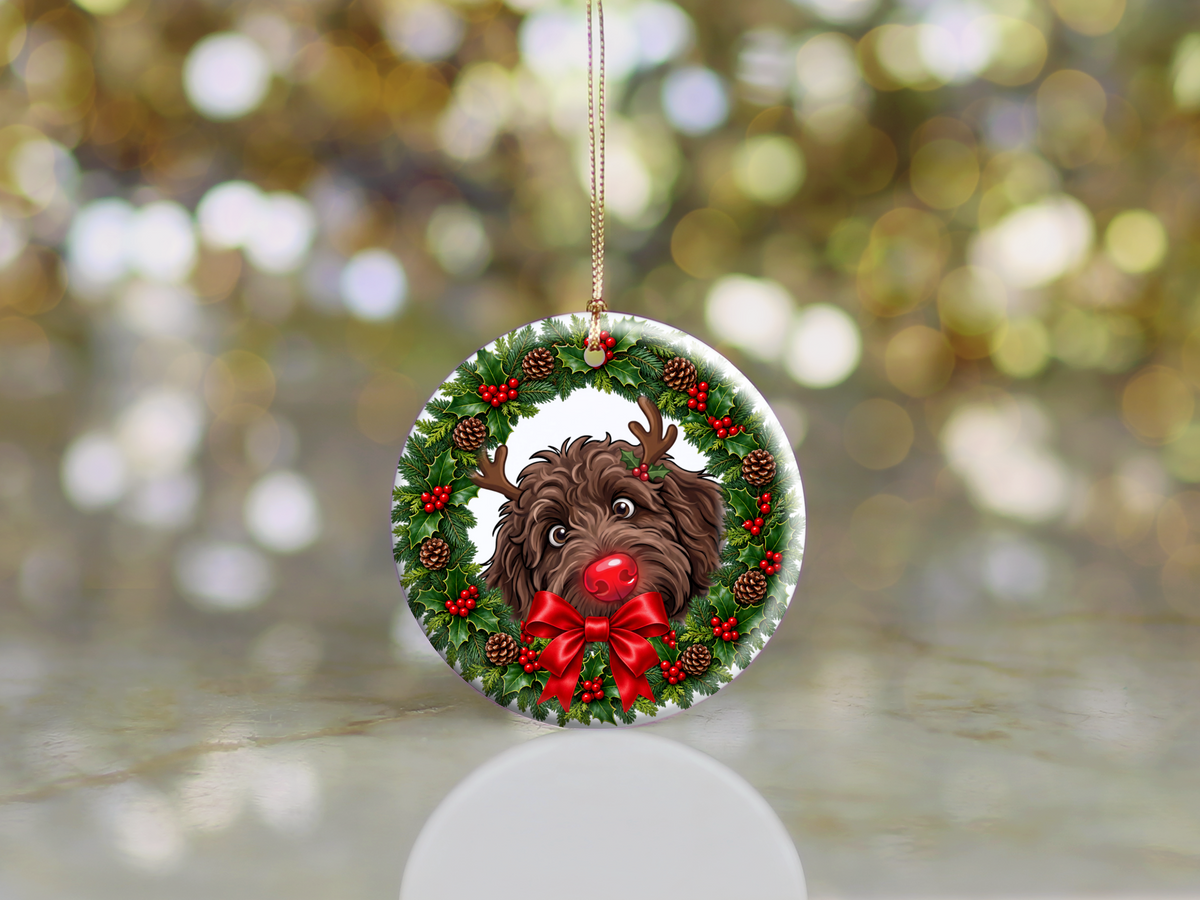 Peeking Rudolph Chocolate Goldendoodle Ornament