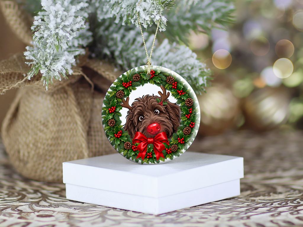 Peeking Rudolph Chocolate Goldendoodle Ornament