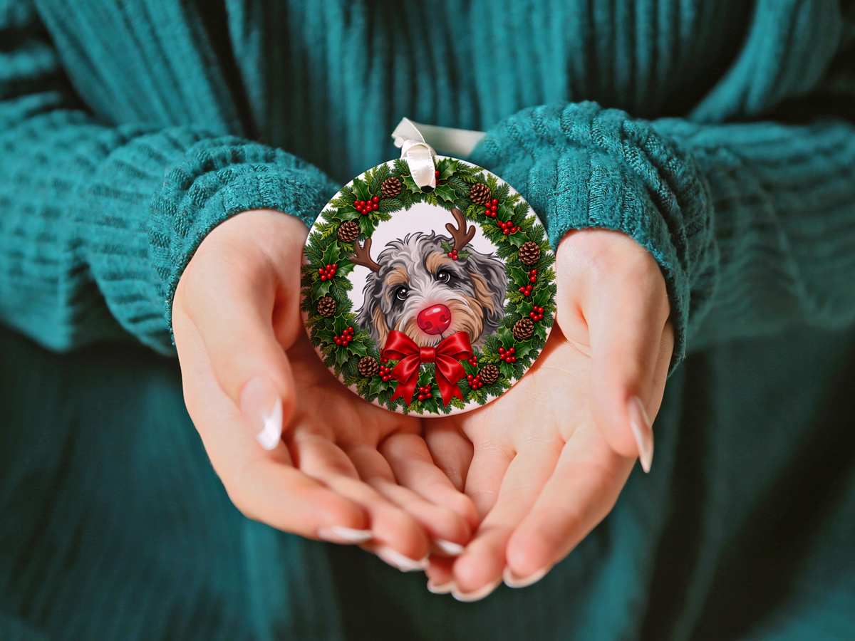 Peeking Rudolph Aussiedoodle Ornament