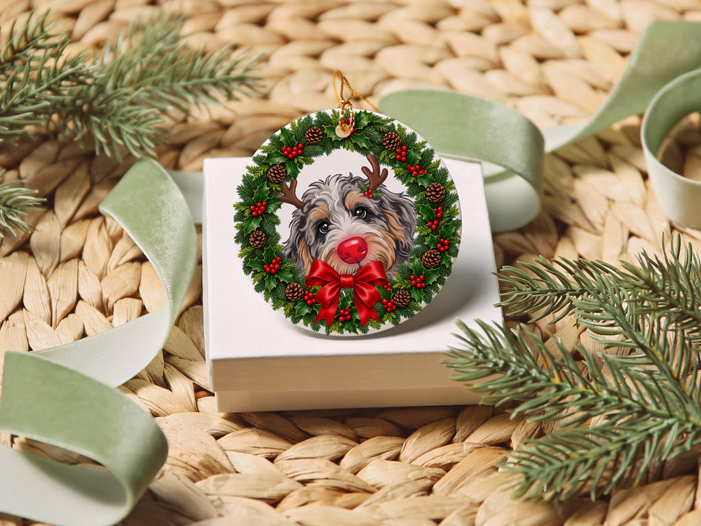 Peeking Rudolph Aussiedoodle Ornament