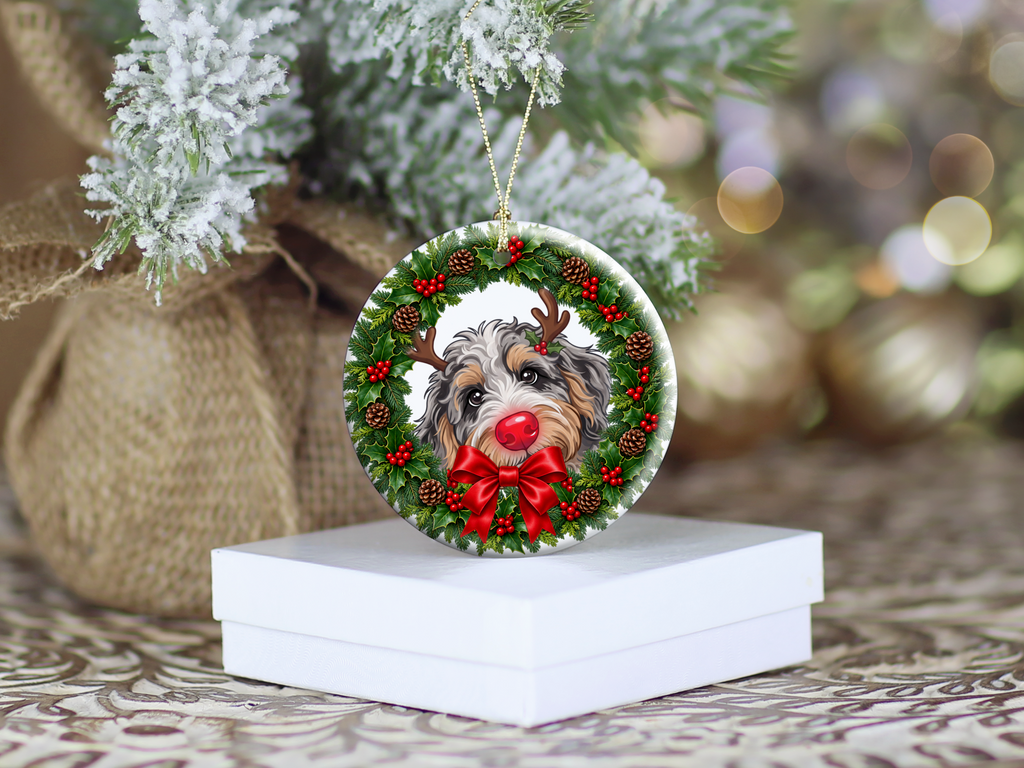 Peeking Rudolph Aussiedoodle Ornament