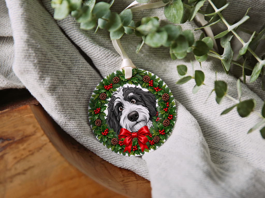 Peeking Holly Sheepadoodle Ornament