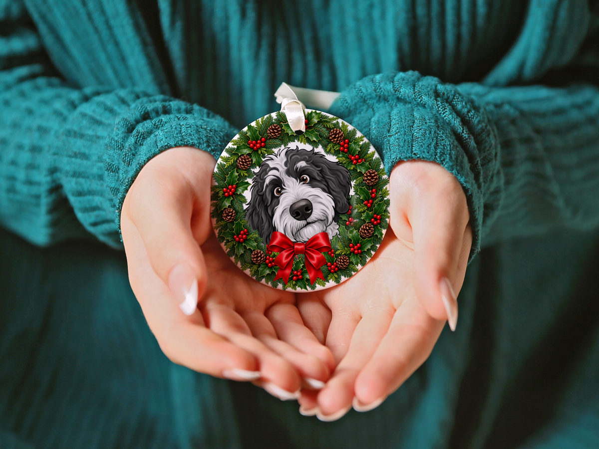 Peeking Holly Sheepadoodle Ornament