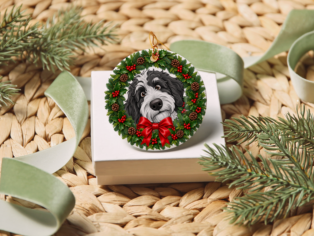 Peeking Holly Sheepadoodle Ornament