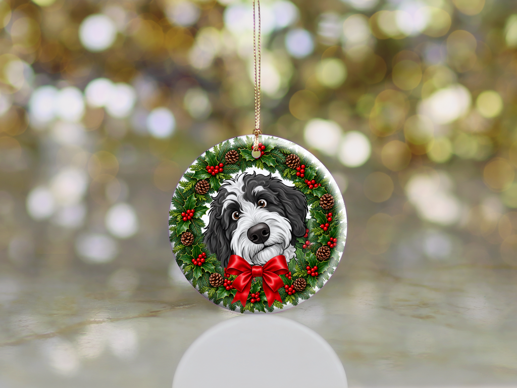 Peeking Holly Sheepadoodle Ornament