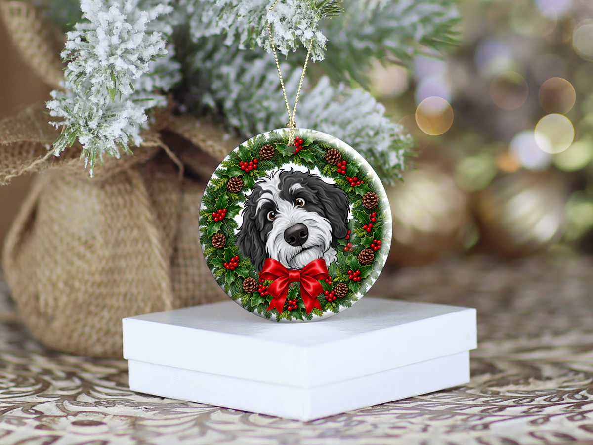 Peeking Holly Sheepadoodle Ornament