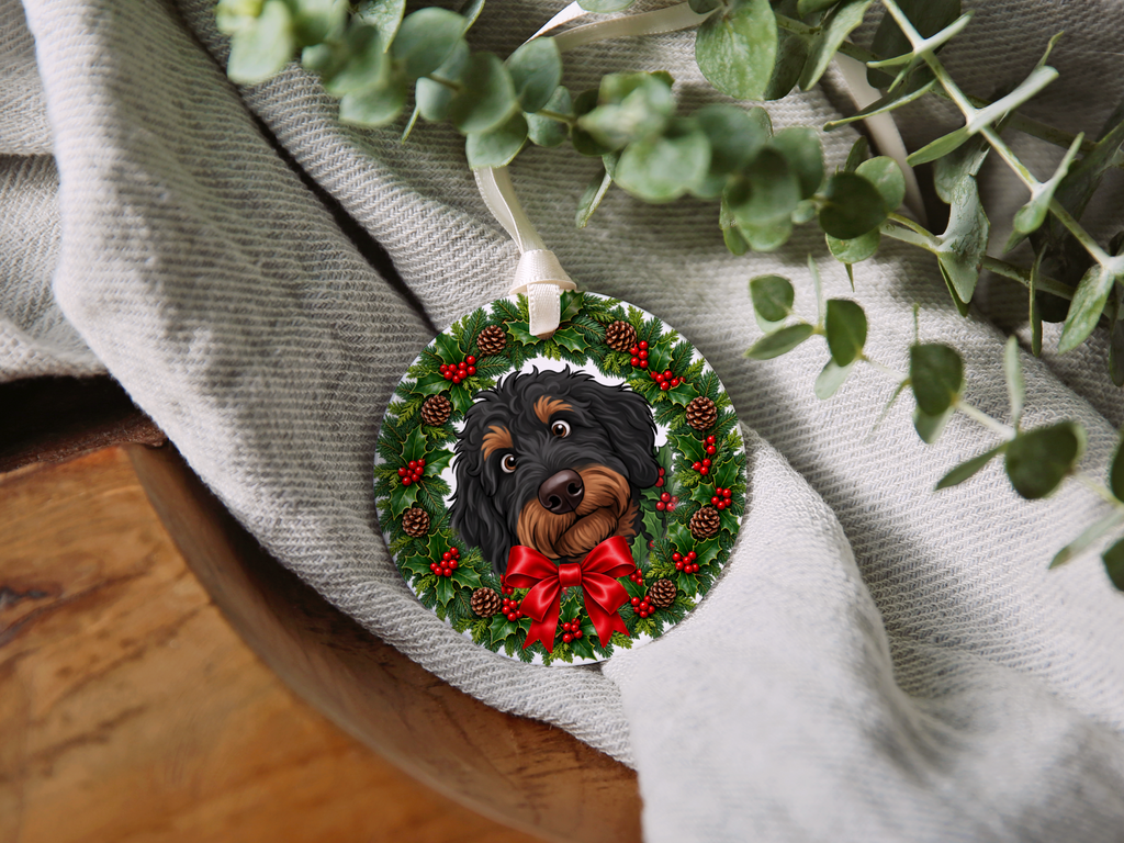 Peeking Holly Phantom Goldendoodle Ornament