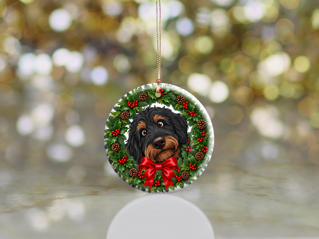 Peeking Holly Phantom Goldendoodle Ornament