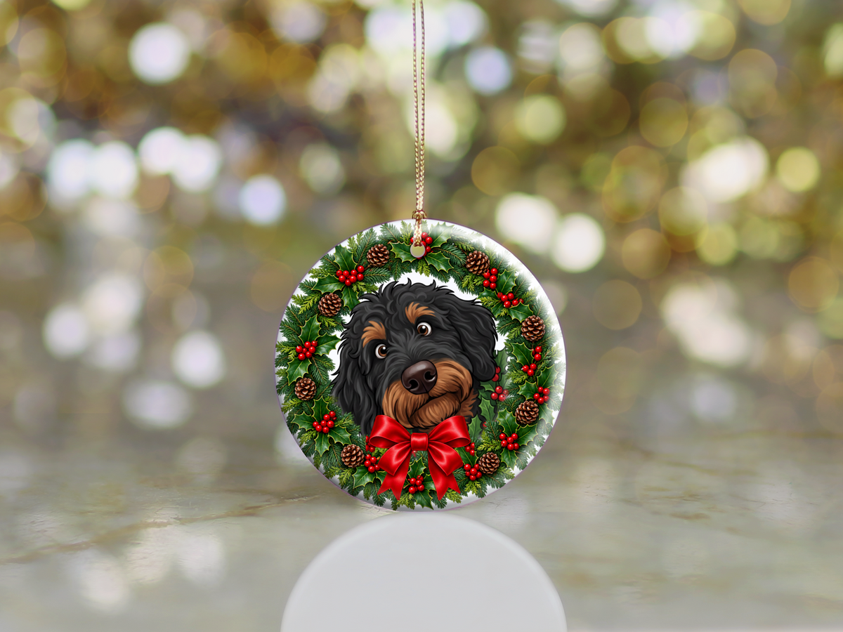 Peeking Holly Phantom Goldendoodle Ornament