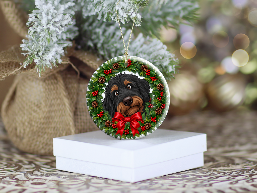 Peeking Holly Phantom Goldendoodle Ornament