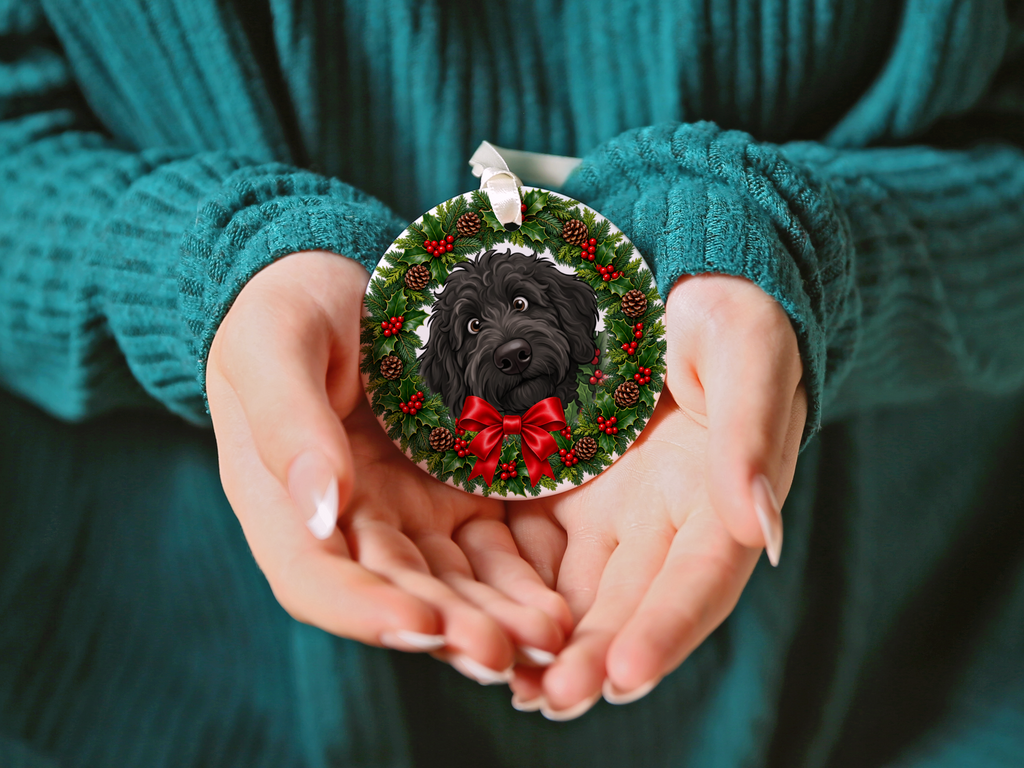 Peeking Holly Black Goldendoodle Ornament