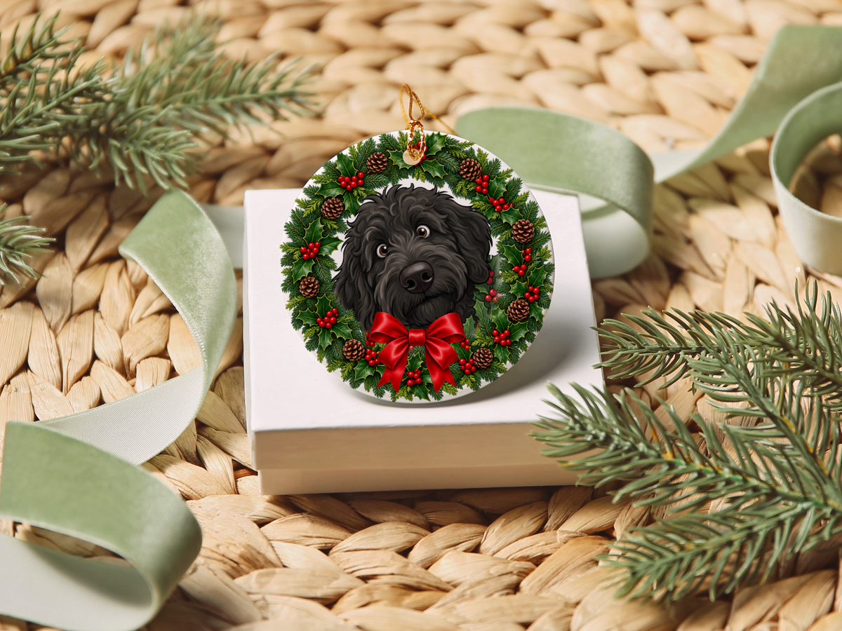 Peeking Holly Black Goldendoodle Ornament