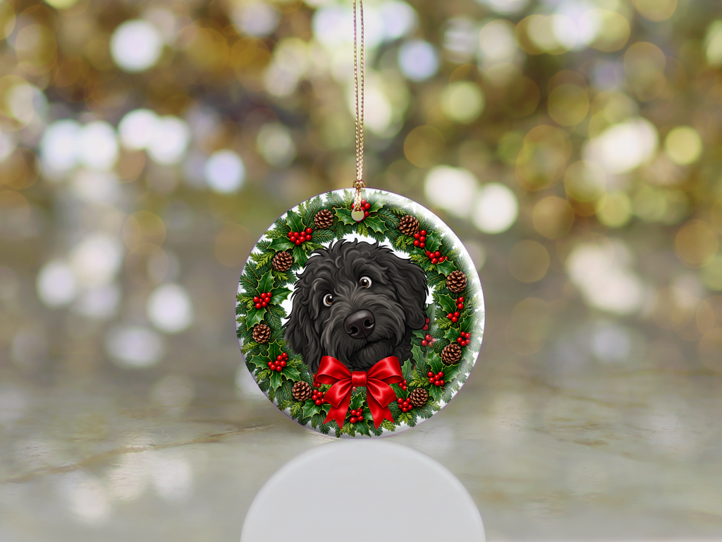 Peeking Holly Black Goldendoodle Ornament
