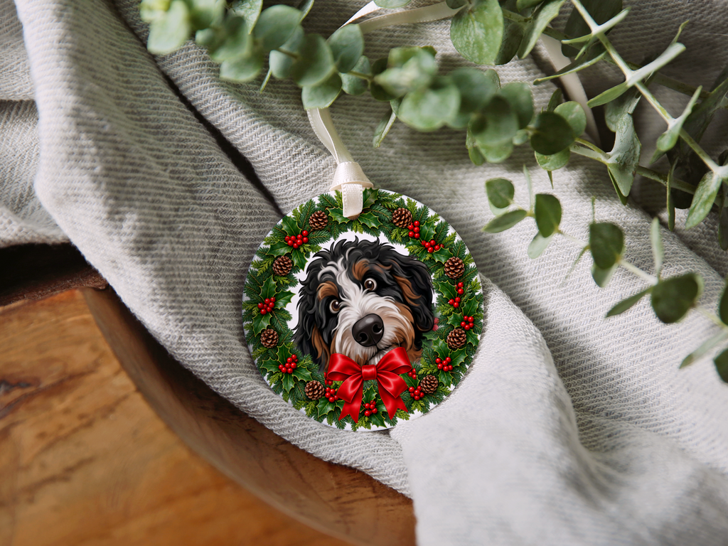 Peeking Holly Bernedoodle Ornament