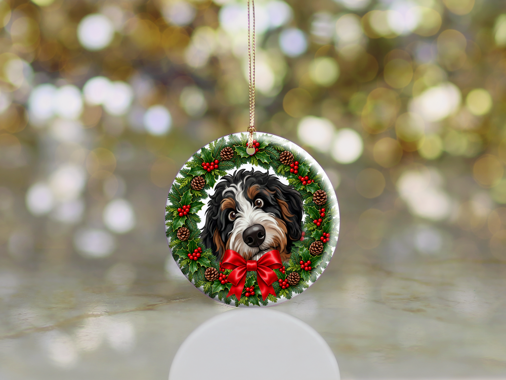 Peeking Holly Bernedoodle Ornament