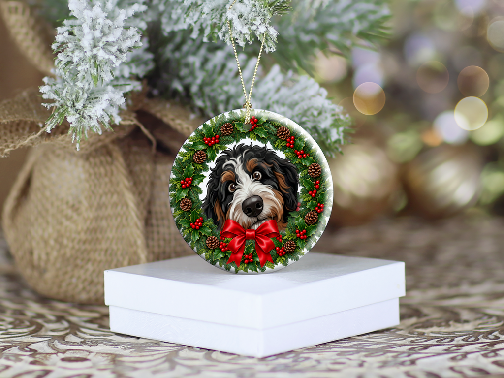 Peeking Holly Bernedoodle Ornament