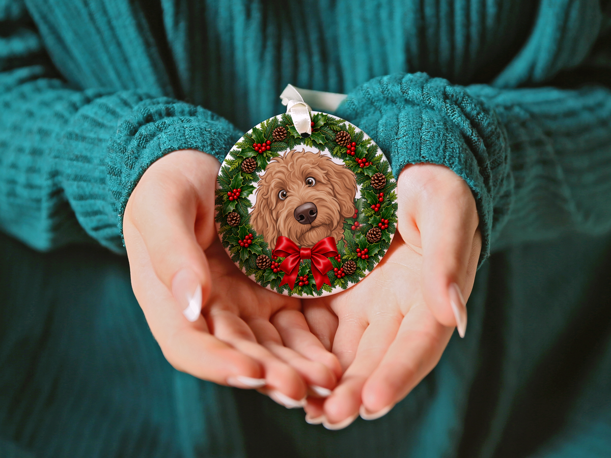 Peeking Holly Apricot Goldendoodle Ornament