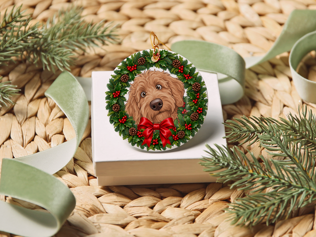 Peeking Holly Apricot Goldendoodle Ornament