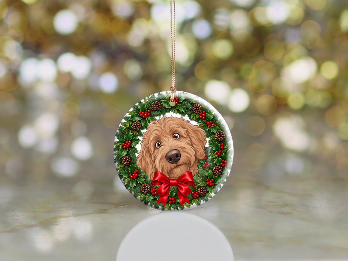 Peeking Holly Apricot Goldendoodle Ornament
