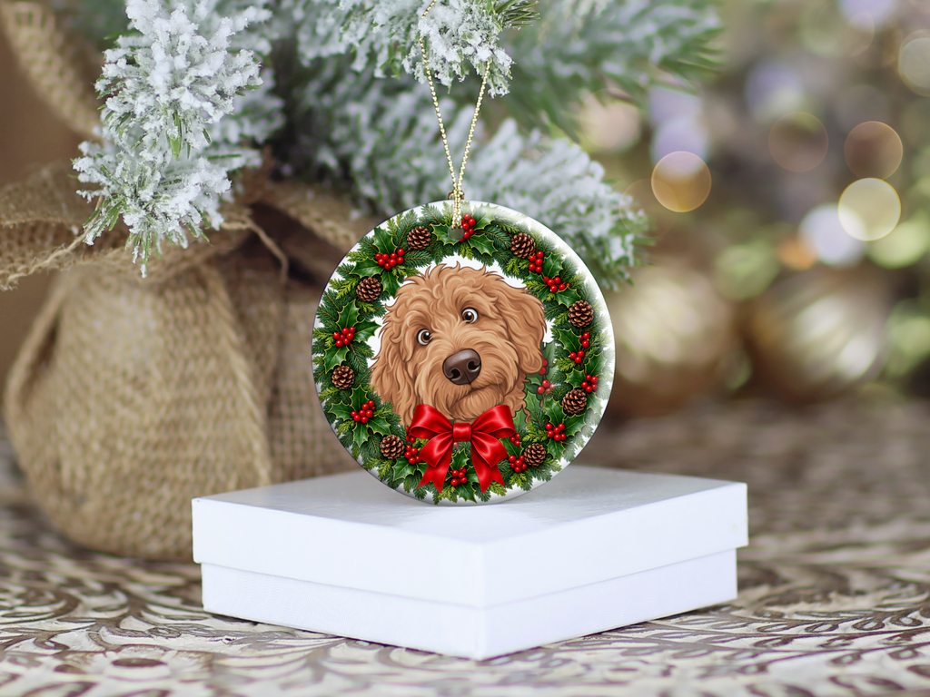 Peeking Holly Apricot Goldendoodle Ornament