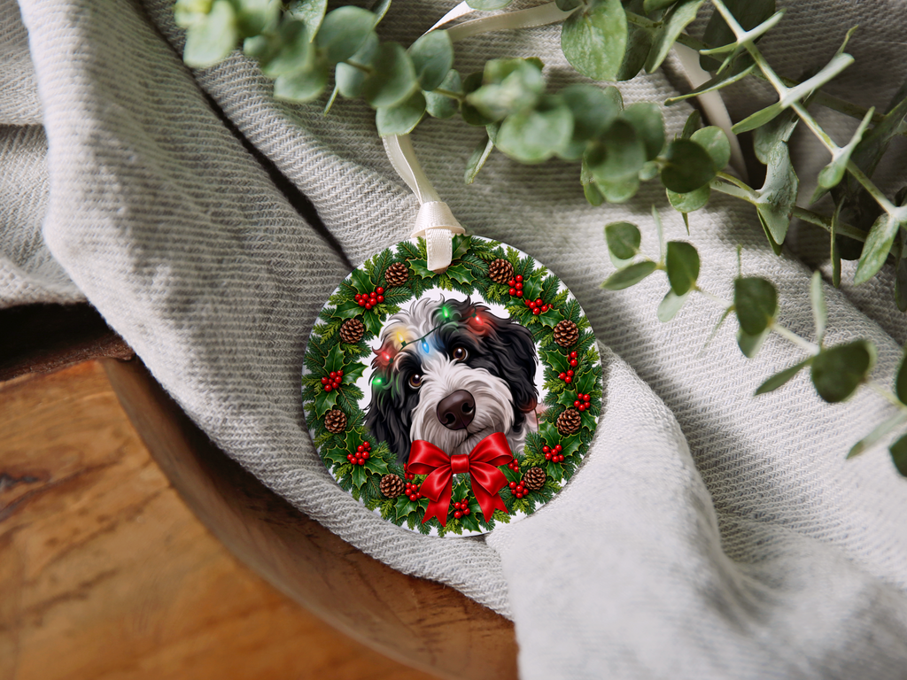 Peeking Sheepadoodle Holiday Ornament
