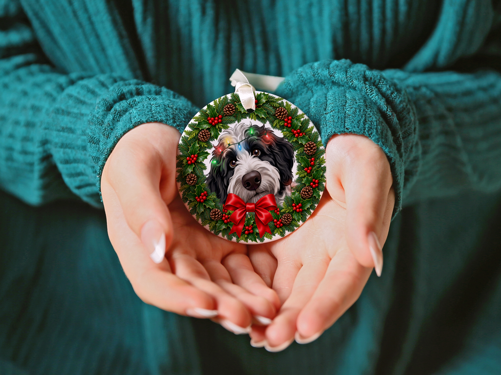 Peeking Sheepadoodle Holiday Ornament