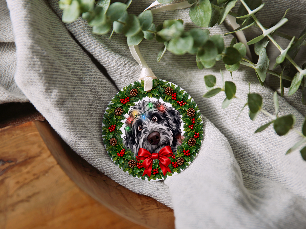 Peeking Merle Goldendoodle Holiday Ornament