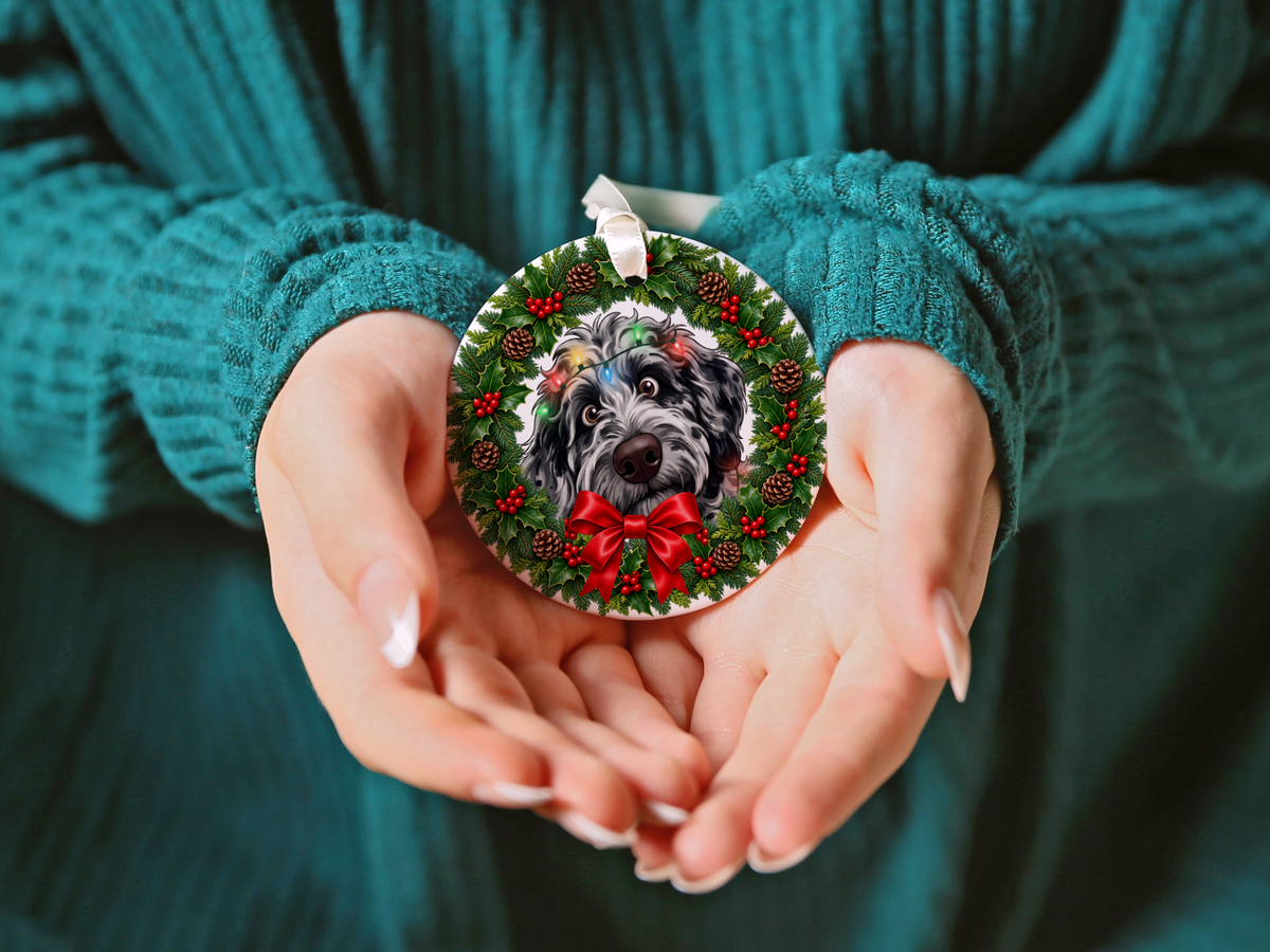 Peeking Merle Goldendoodle Holiday Ornament