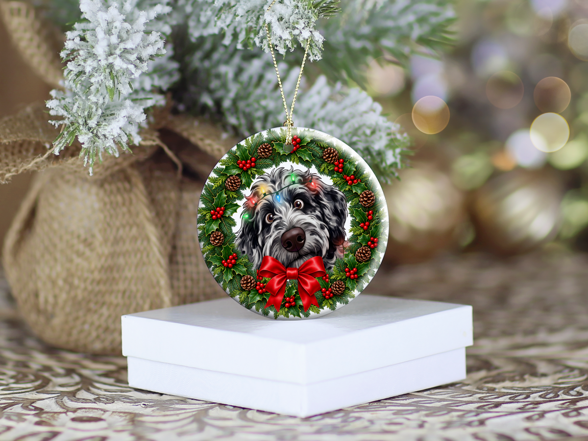 Peeking Merle Goldendoodle Holiday Ornament