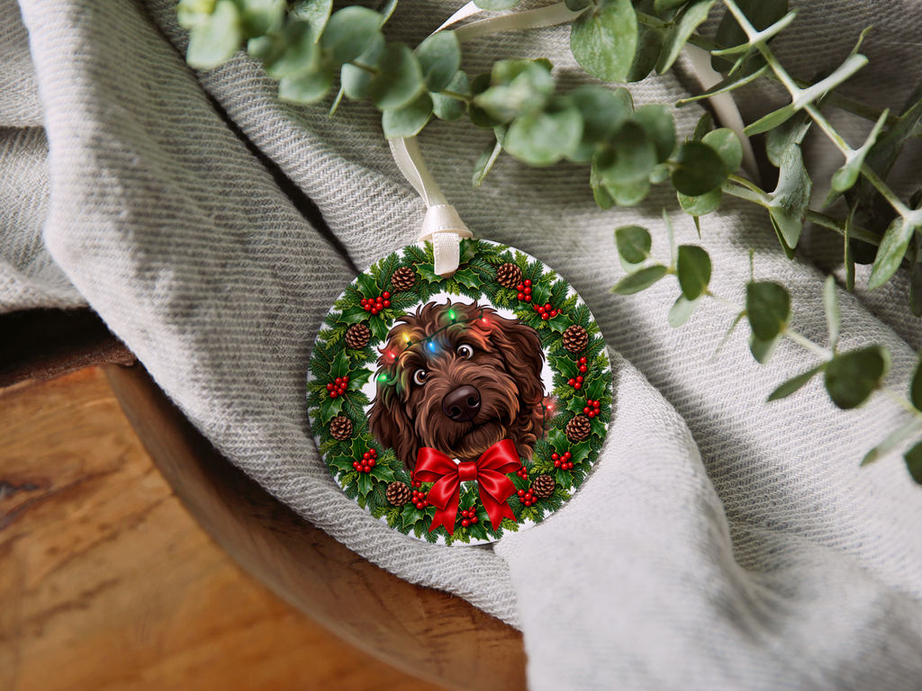 Peeking Chocolate Goldendoodle Holiday Ornament