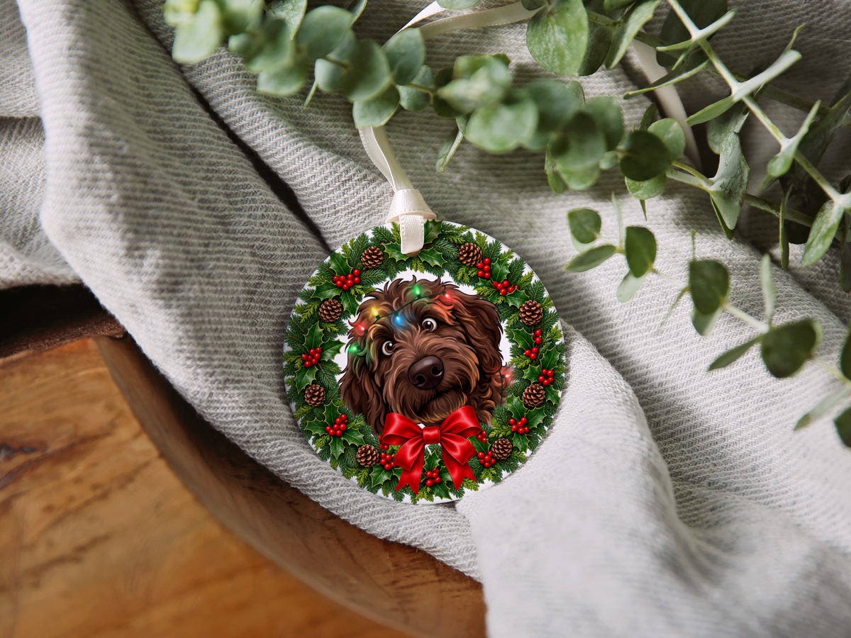 Peeking Chocolate Goldendoodle Holiday Ornament