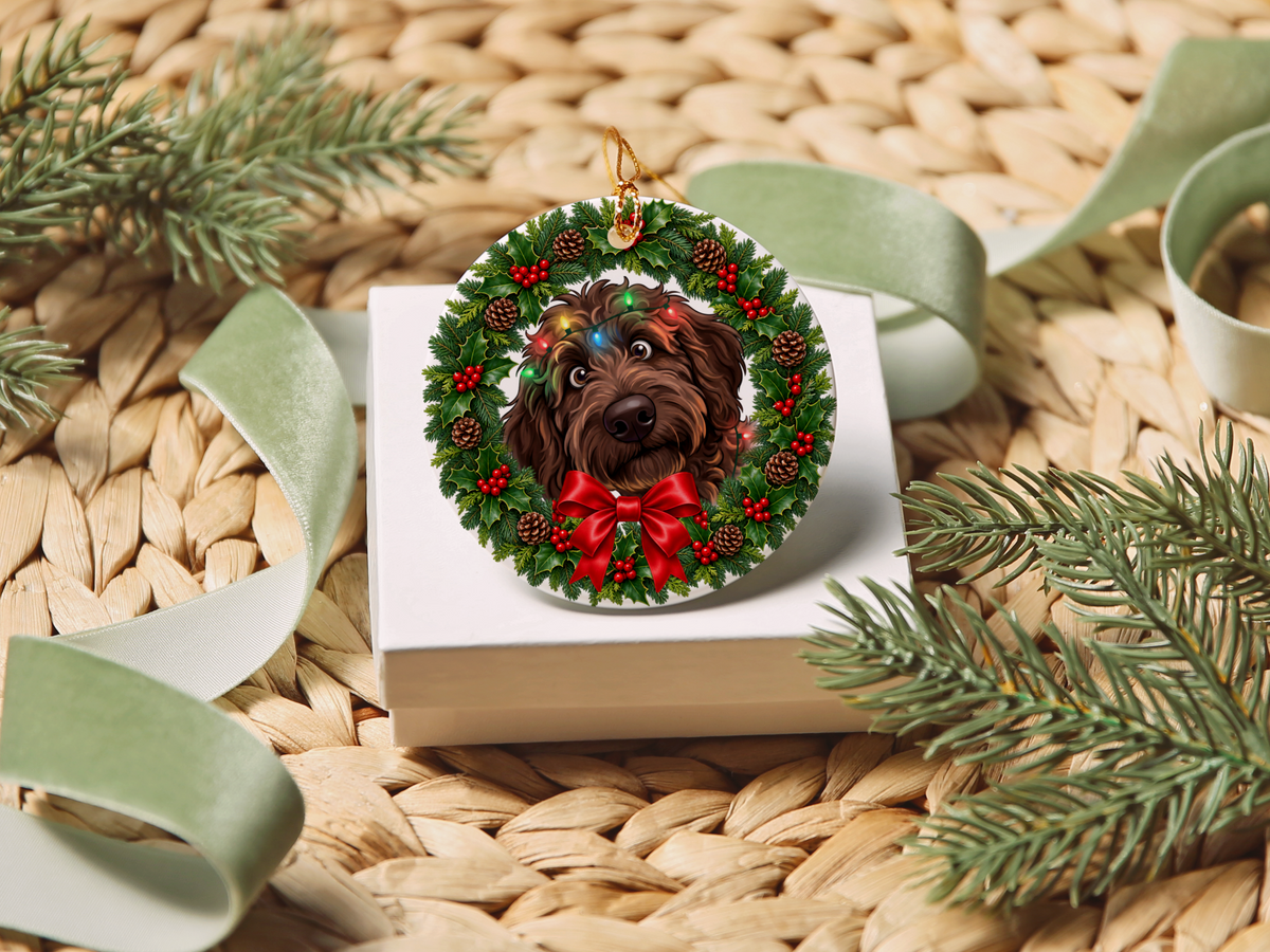 Peeking Chocolate Goldendoodle Holiday Ornament
