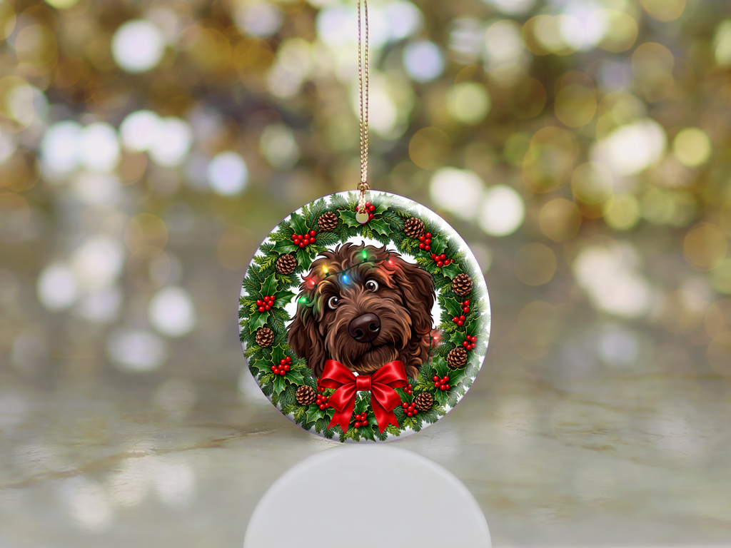 Peeking Chocolate Goldendoodle Holiday Ornament