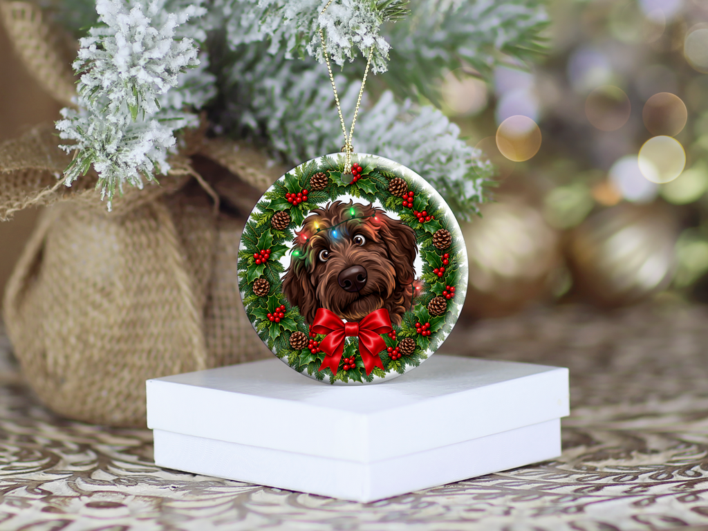 Peeking Chocolate Goldendoodle Holiday Ornament
