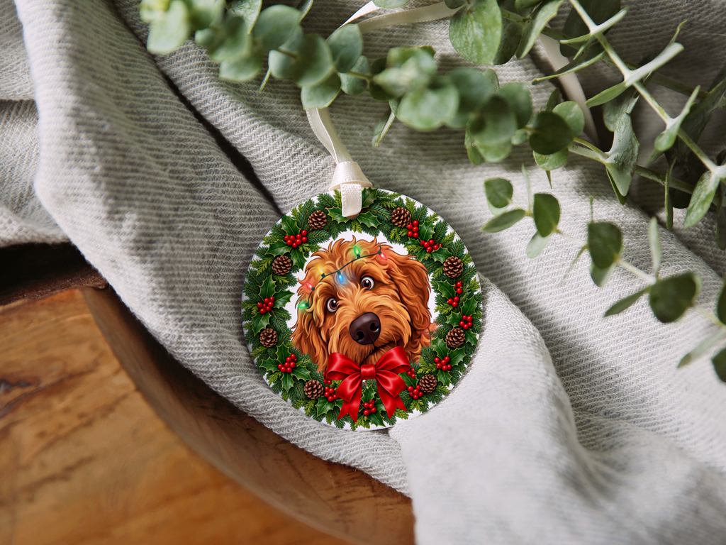 Peeking Apricot Goldendoodle Holiday Ornament