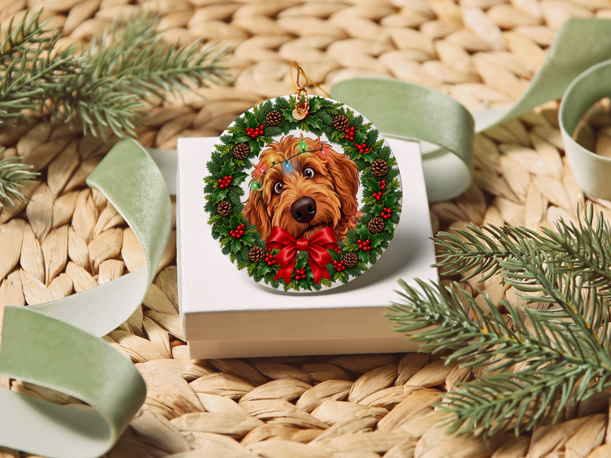 Peeking Apricot Goldendoodle Holiday Ornament