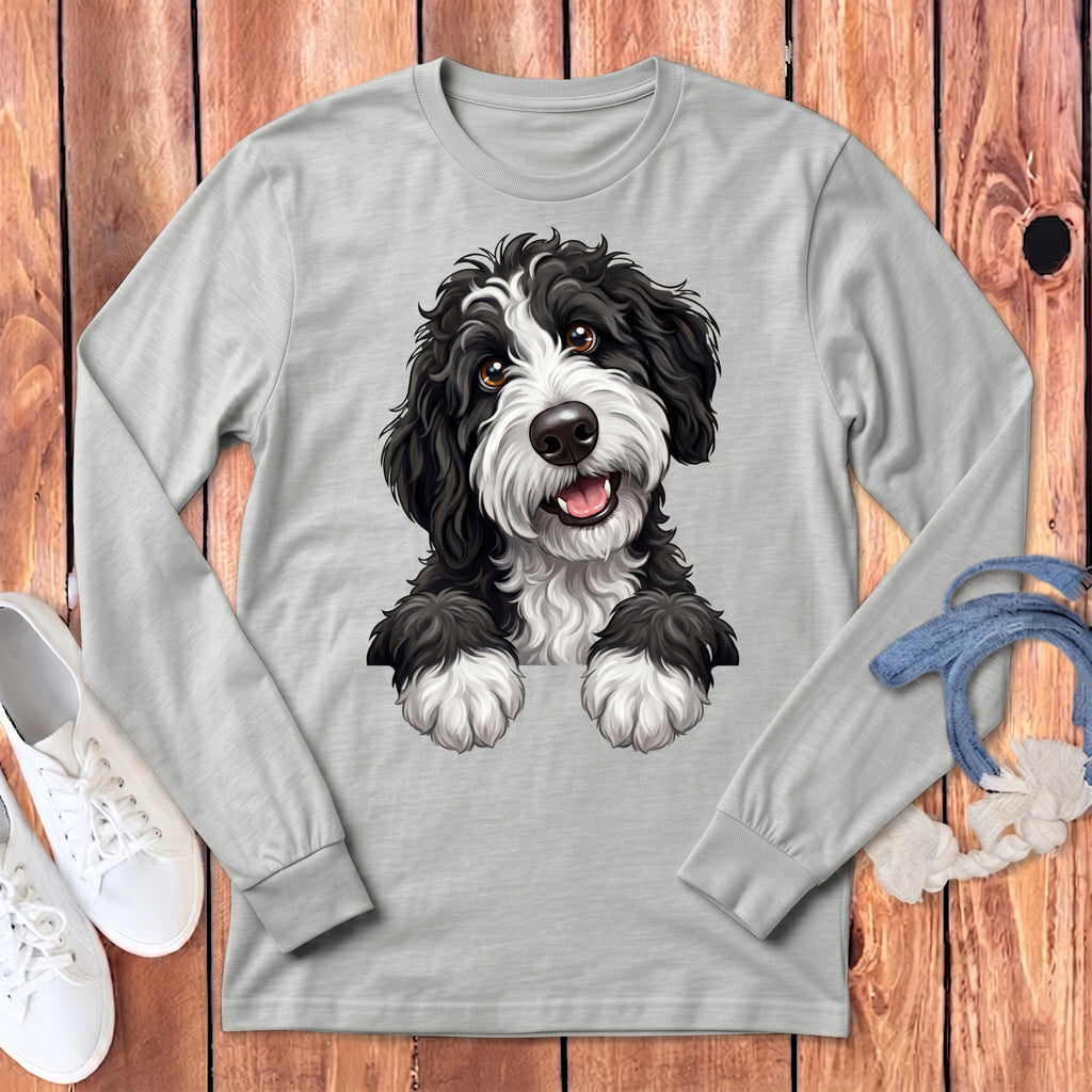 Long-sleeve gray t-shirt with a black and white dog illustration on the front.