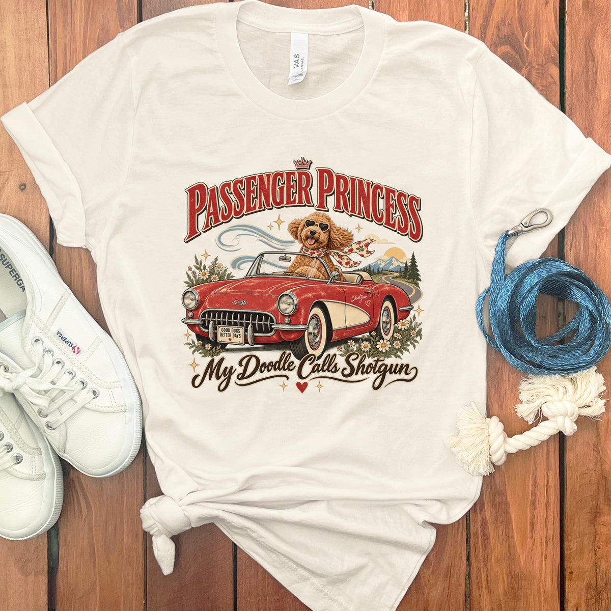 Cream shirt with doodle in convertible, "Passenger Princess My Doodle Calls Shotgun" text.