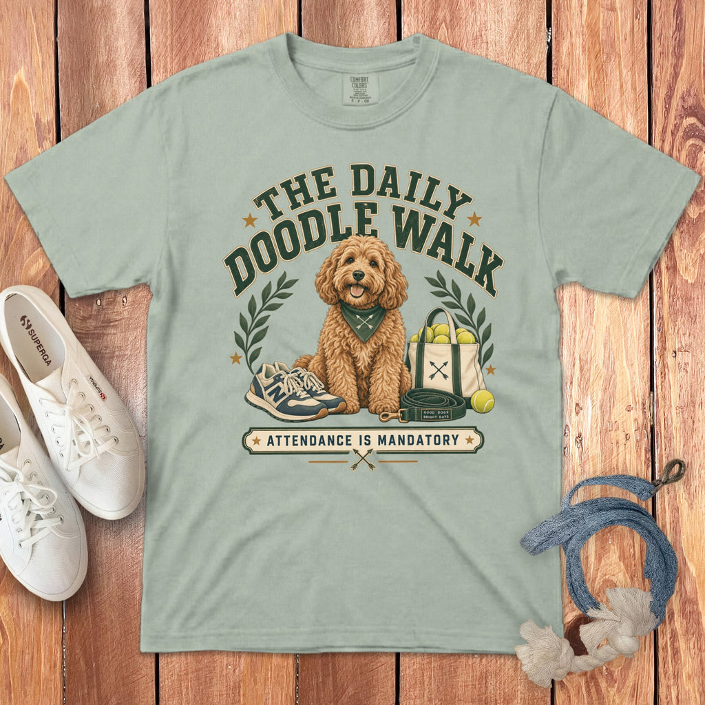 Light green t-shirt with "The Daily Doodle Walk" and a dog graphic.