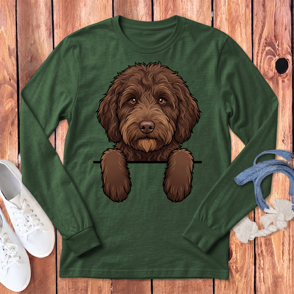 Green long-sleeve shirt with a brown doodle dog illustration.