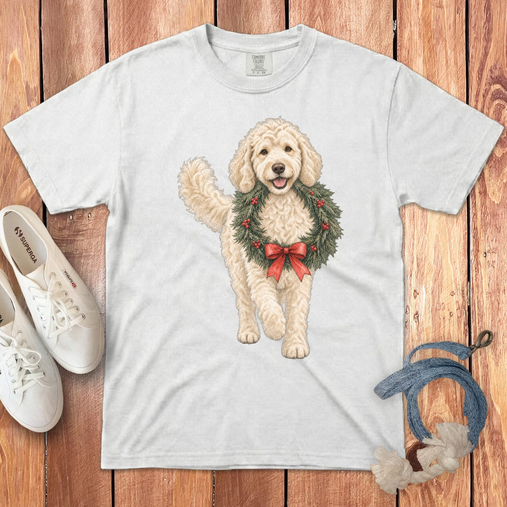 Cream Goldendoodle Wreath Signature T-Shirt in White / S by Puppy Jo