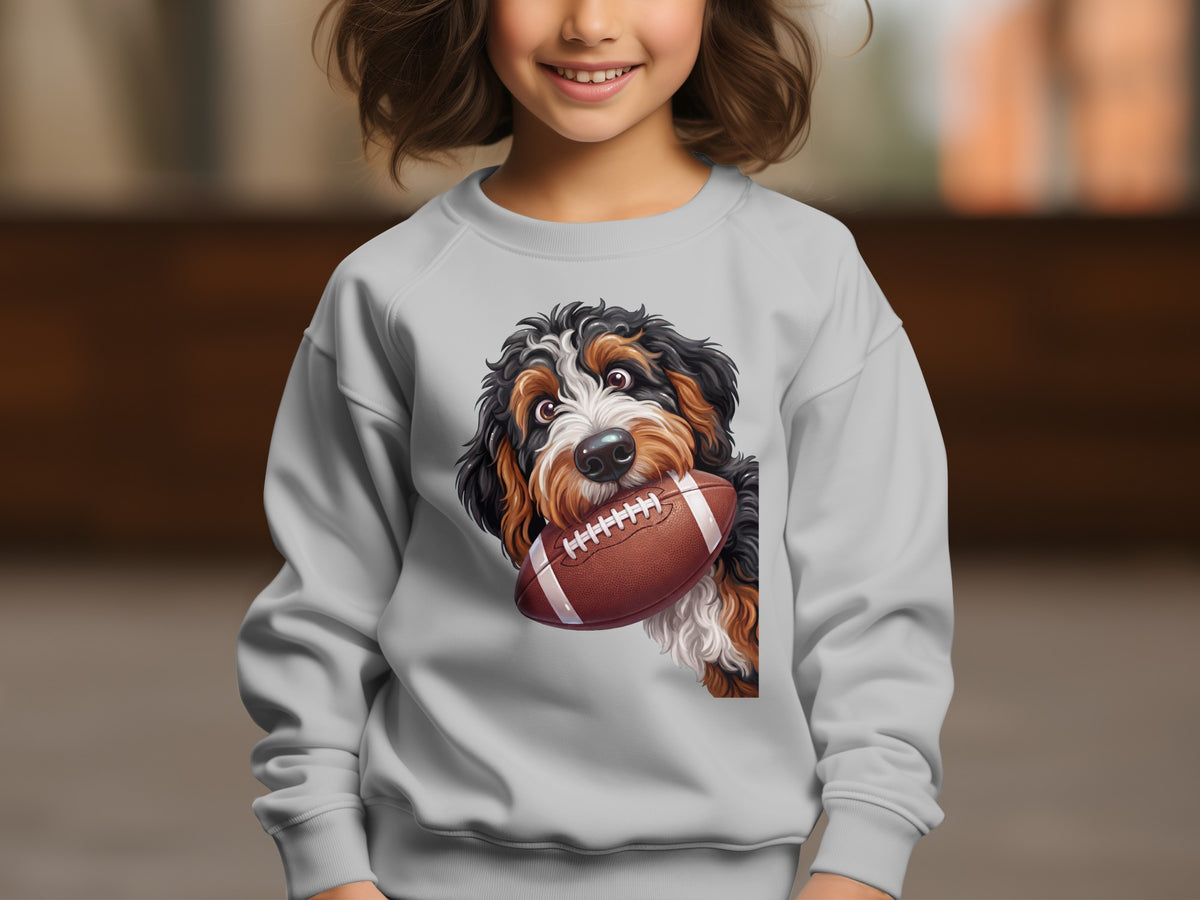 Bernese Mountain Dog with football illustration on a gray sweatshirt worn by a child.