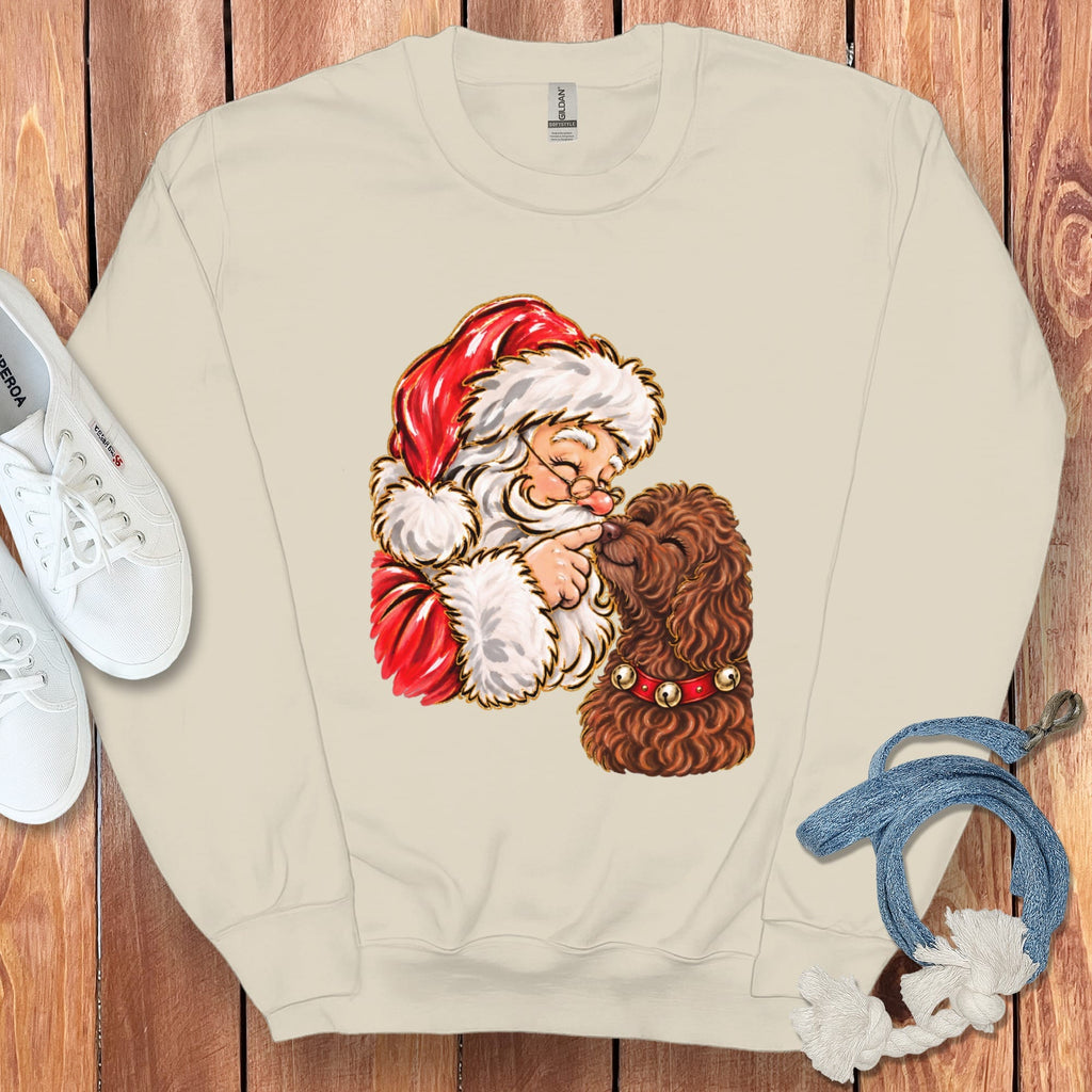 Chocolate Goldendoodle Santa Kiss Sweatshirt in Sand / S by Puppy Jo
