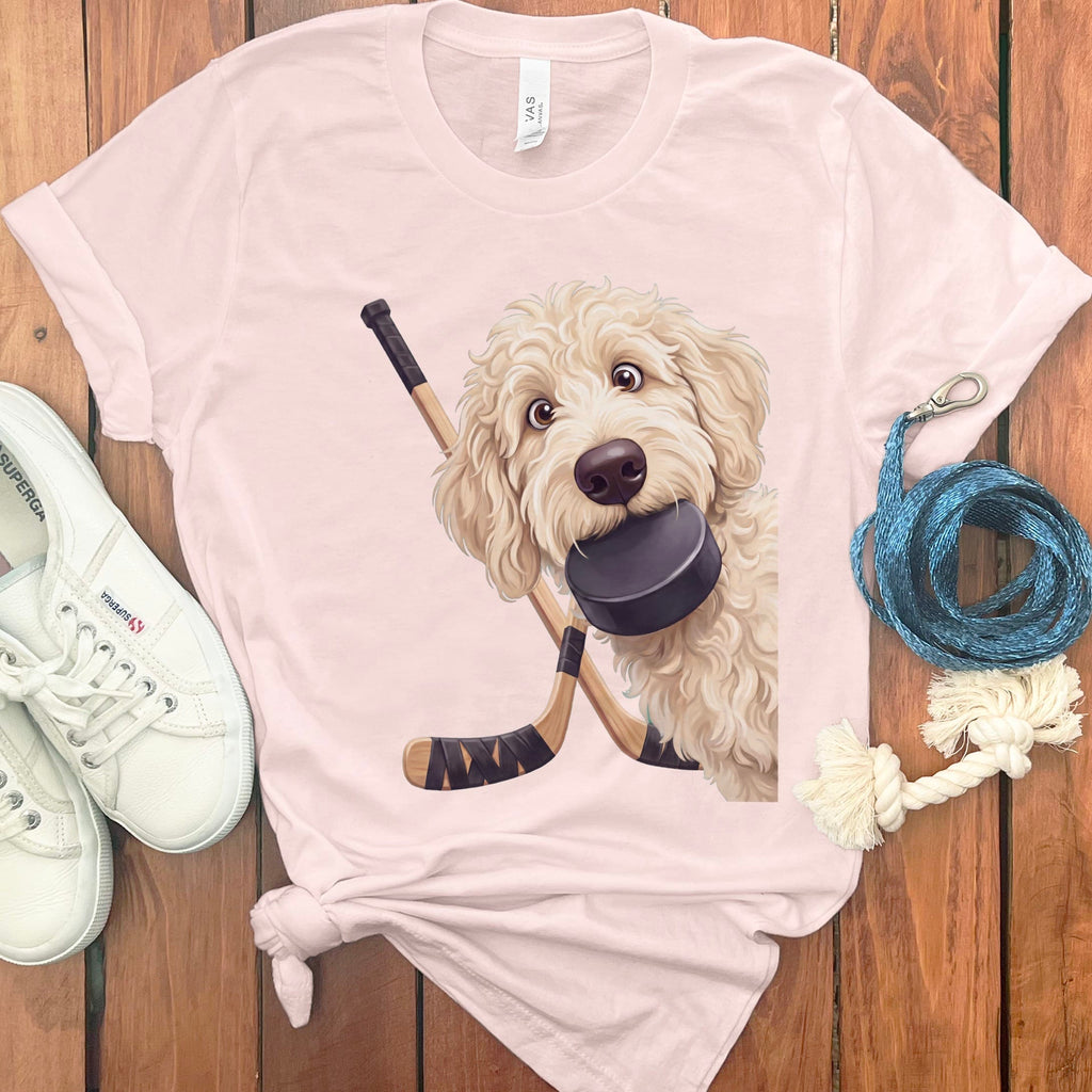 Cream Goldendoodle Hockey T-Shirt in Soft Pink / S by Puppy Jo