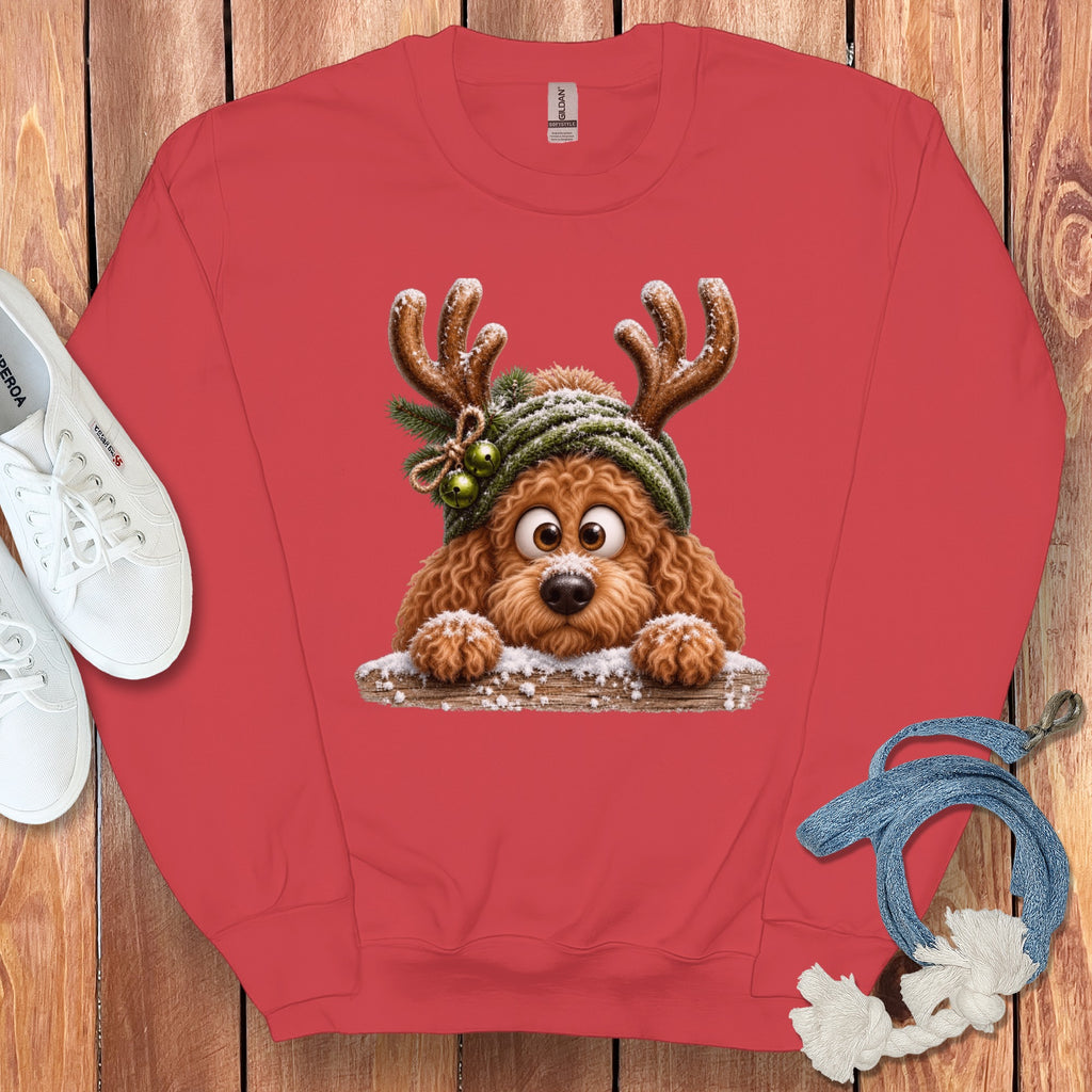 Coral sweatshirt with a cartoon dog wearing reindeer antlers and a beanie.