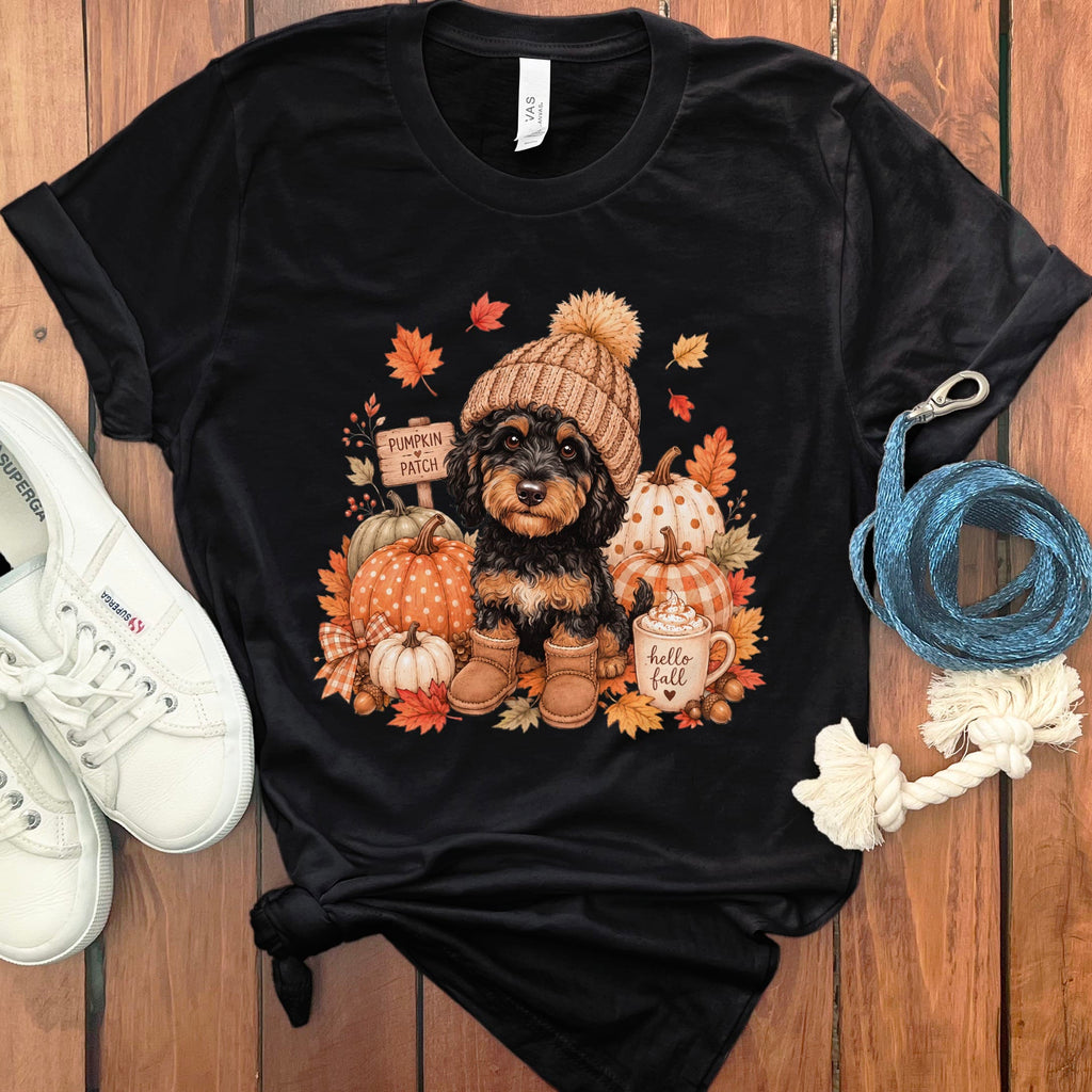 Phantom Goldendoodle Pumpkin Patch T-Shirt in Black / S by Puppy Jo