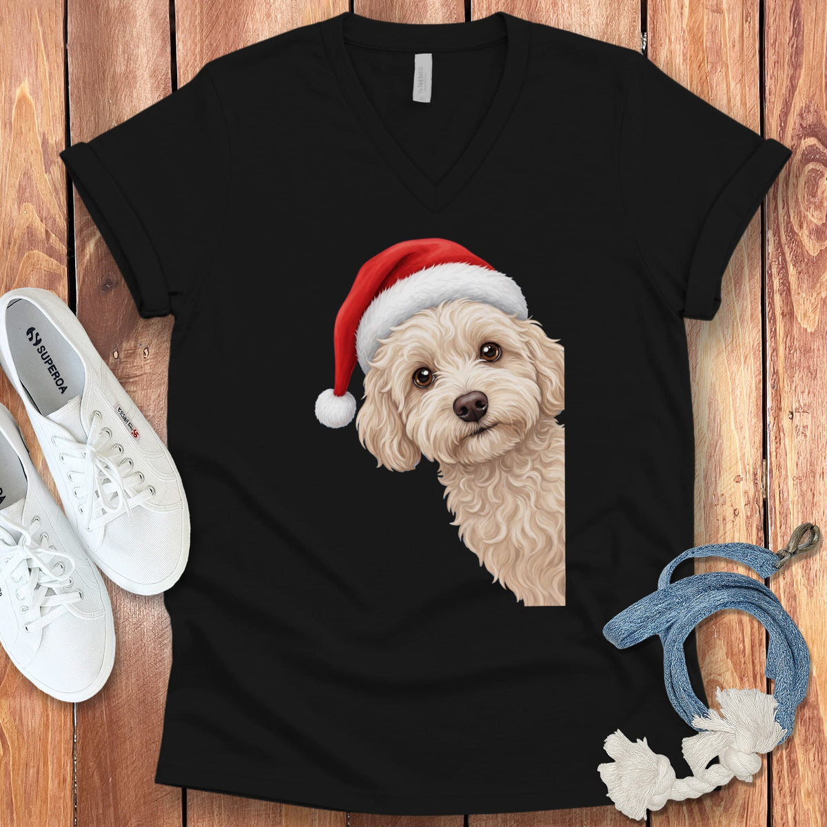 Maltipoo Holiday Santa V-Neck T-Shirt in Black / S by Puppy Jo