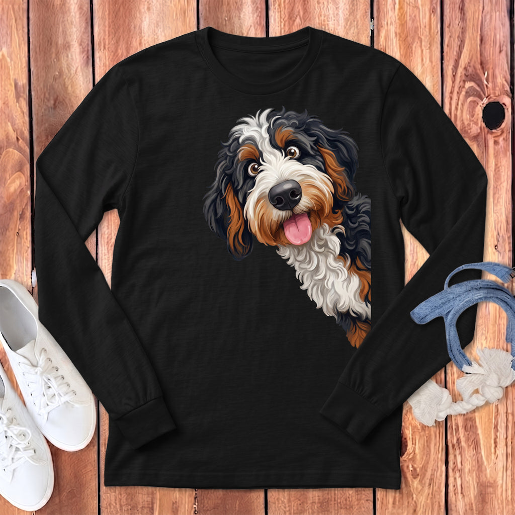 Black long-sleeve shirt with a playful Bernese Mountain Dog graphic on the front.